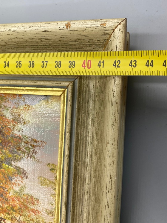 Oil on canvas signed J. André 1968, autumnal landscape with medieval tower – Decorative Objects, Wood, Gold (photo 7 of 8)