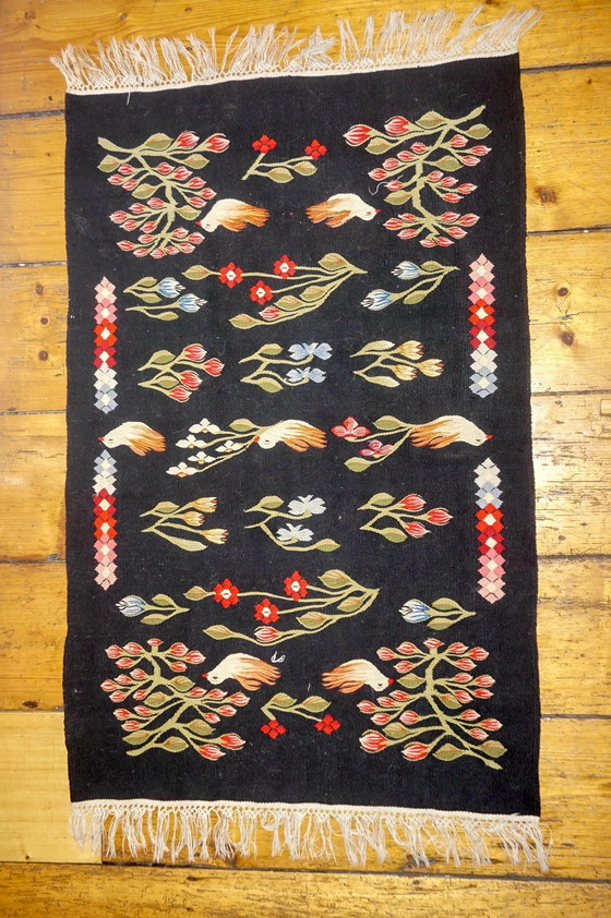 Image 1 of Vintage Oltenian Handwoven Bessarabian Kilim Rug with Birds, Tulips, and Flowers - Romanian Floral Woolen Wall Tapestry