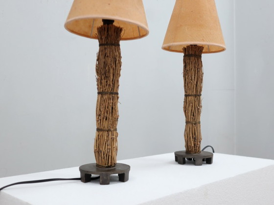 Image 1 of Paar italienische dekorative Tischlampen aus den 1970er Jahren, Raphia & Pergament