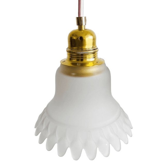 Image 1 of Lampada a sospensione vintage in vetro satinato a forma di fiore bianco trasparente, anni '60