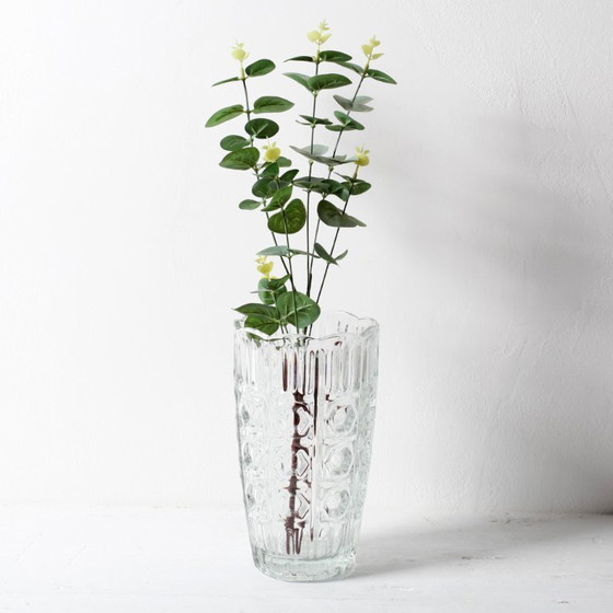 Image 1 of Mid-century Vintage Solid Heavy Clear Hand Pressed Glass Flower Vase / Fidenza / Italy / 1960s