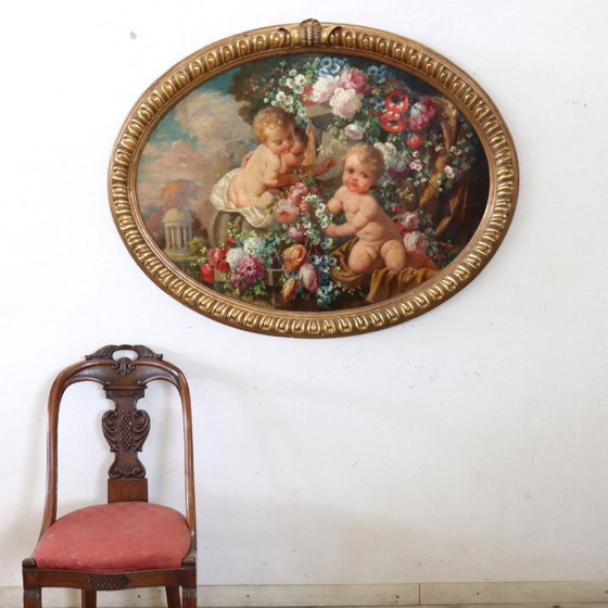Cherubs With Flowers, Oil Painting On Board Signed, Italy Early 20th Century – Paintings & Drawings, Wood (photo 3 of 18)