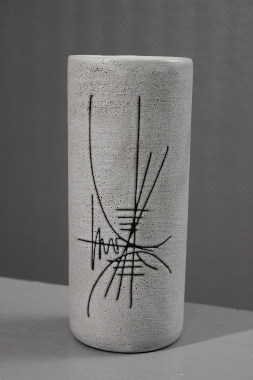 Henri Cimal in Vallauris - Matte white scroll vase with abstract incised decor 1950s