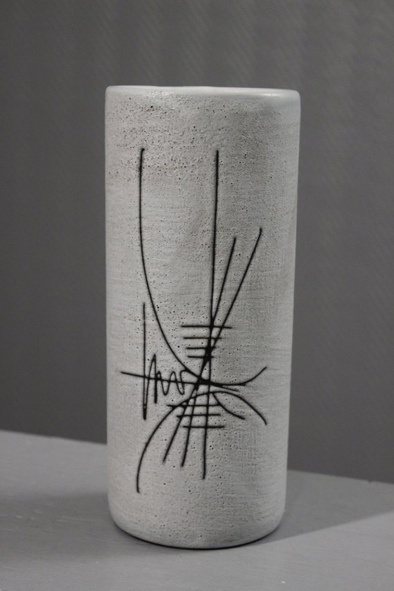 Image 1 of Henri Cimal in Vallauris - Matte white scroll vase with abstract incised decor 1950s