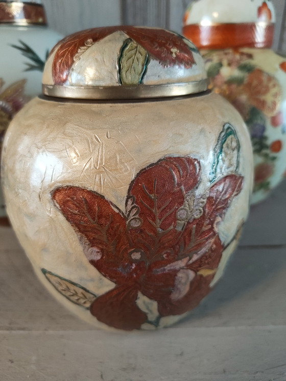 Image 1 of Beautiful Set of 3 Vintage Satsuma Ginger Jars