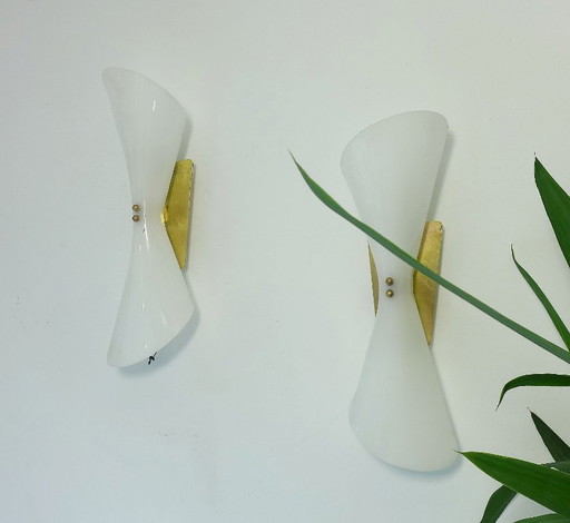 2x Vintage Wandlampe 50er 60er Lampe France Diabolo Stilnovo Retro Wandleuchte – wandlampen, Plastic, Brass (photo 2 of 10)
