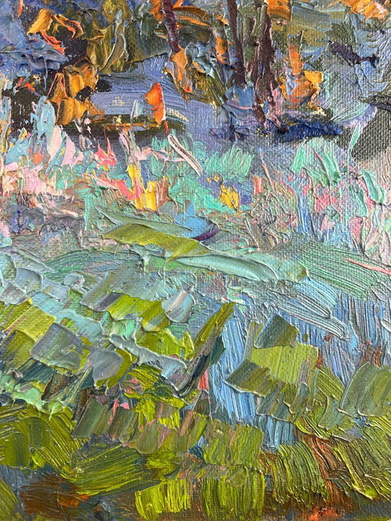 Image 1 of Peinture à l'huile originale, paysage d'été, rosée du matin argentée
