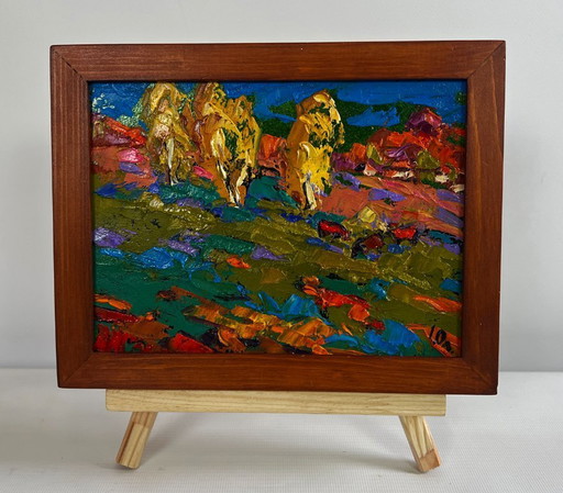 Original Oil Painting Evening Field Landscape Cattle grazing in autumn meadows