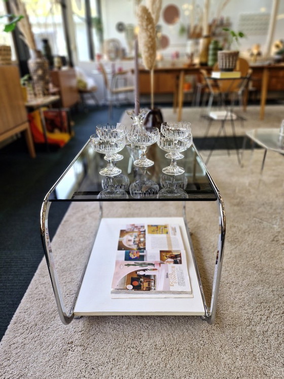 Image 1 of Table d'appoint trolley vintage style Space Age, verre fumé/blanc années 70