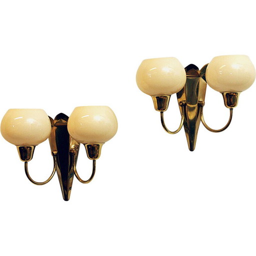 Pair of vintage brass and opaline glass wall lights by Br Sæther, Norway 1940