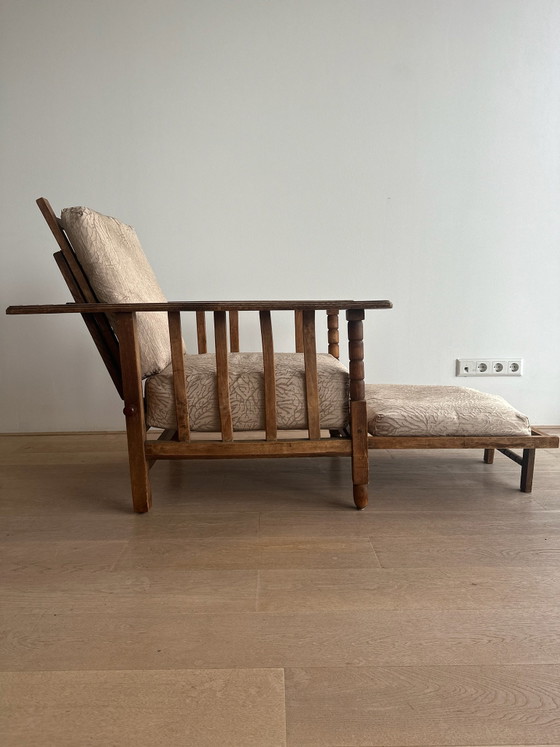 Vintage wooden adjustable recliner chair / lounge chair, good condition, Textile, Beige (photo 3 of 5)