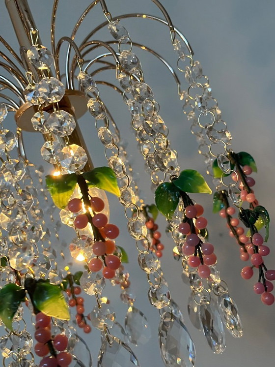 Image 1 of Vintage Pink Grapes Fruit Teardrop Chandelier From Murano