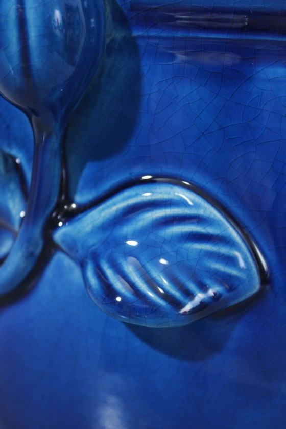 Image 1 of Cachepot vintage in ceramica con smalto blu craquelé, stile Chambost, anni '70