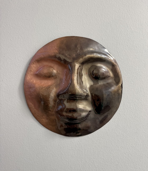 Image 1 of 1960s repoussé and enameled brass face sculpture