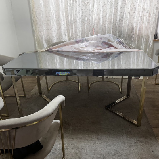 6 Beige Chairs, Mirror Glass Dining Table with Gold, Mirror Glass TV Cabinet with Fireplace – ferah (photo 4 of 7)