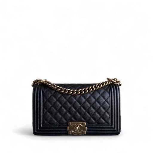 Chanel Boy Old Medium - Caivar gewatteerd generfd kalfsleer, zwart ruthenium, gouden hardware, serie 19