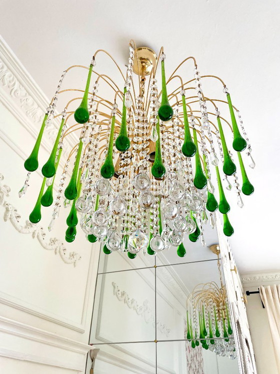 Image 1 of Lustre cascade vintage italien de Murano vert – années 1970