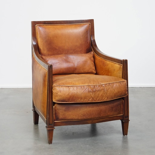 Cognac Color Sheep Leather Art Deco Design Armchair