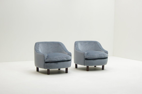Image 1 of Set of 2 ice blue Mohair lounge chairs, 1950s Italy.