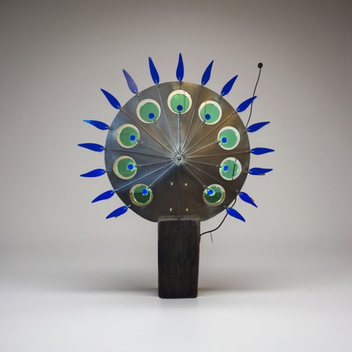 Artful light object brass and oak, Netherlands 1970s