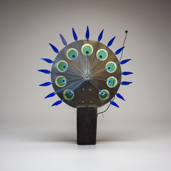 Image 1 of Artful light object brass and oak, Netherlands 1970s