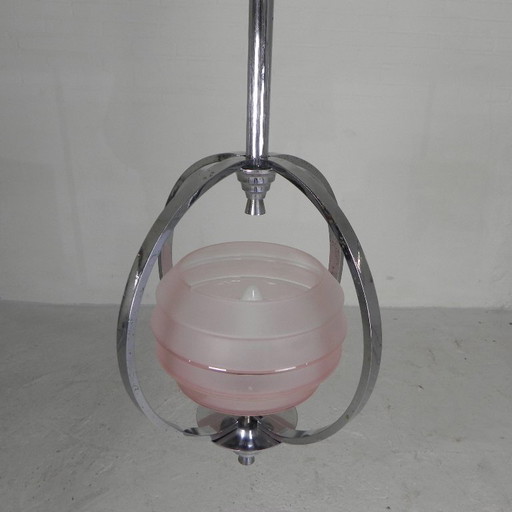 Art Deco pendant lamp with glass shade in a chrome frame, 1930s