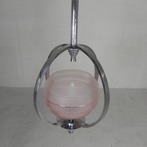 Image 1 of Art Deco pendant lamp with glass shade in a chrome frame, 1930s