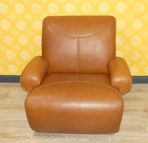 Armchair baseball style leather cognac top condition retro vintage 70s part of a SET Armchair caramel