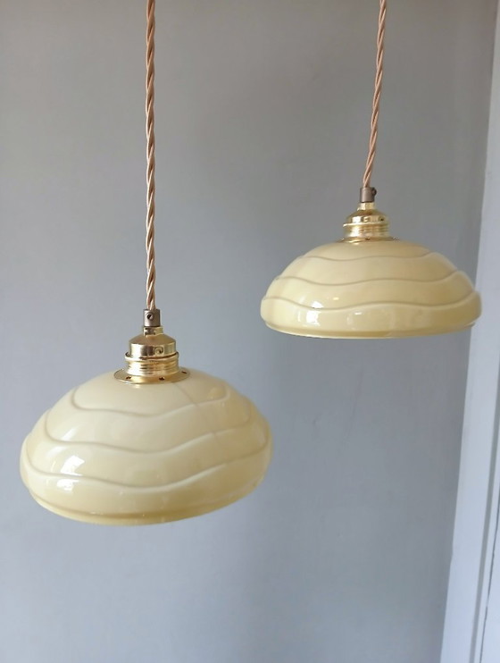 Image 1 of Set (2) Antique ceiling lamps in pastel brown/yellow color.