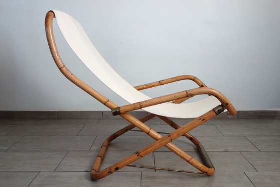 Paar klappbare Liegestühle aus Bambus und Messing, Italien, 1960er Jahre – Klappstühle, Textile, Canvas (photo 13 of 15)