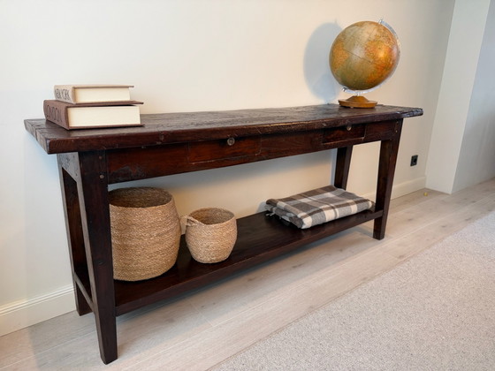 Autentico tavolino in legno / consolle / cassettiera con ripiano inferiore e cassetti – Console (photo 2 of 5)