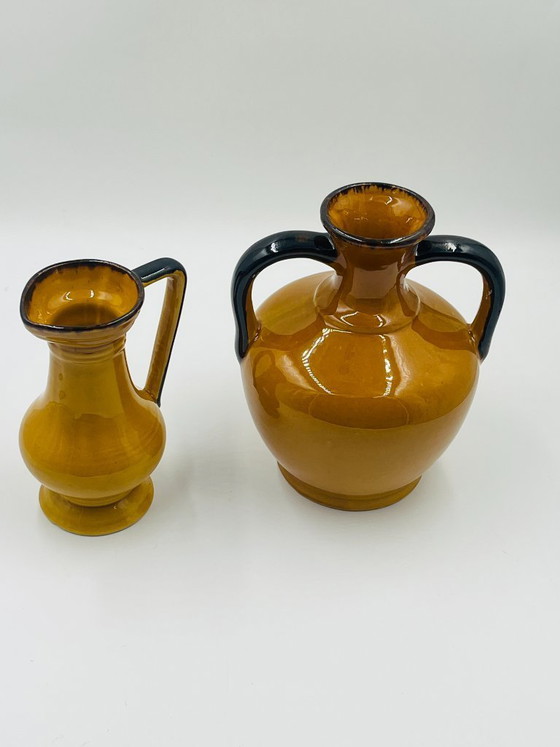 Image 1 of Pair of Vintage Coulobres Ochre Ceramic Vases
