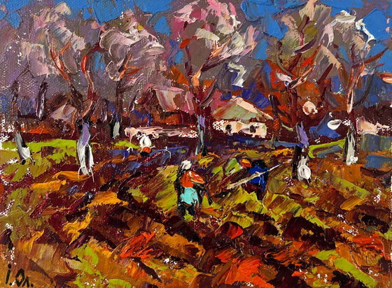 Image 1 of Original Oil Painting Autumn Village Landscape Waking garden beds