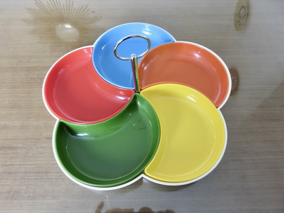 Image 1 of Serviteur à Apéritif, Space Age, Pop, 5 Ramequins Multicolores, Années 70-80