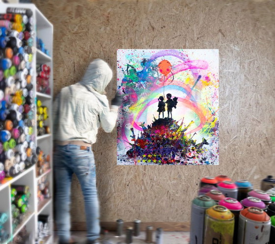 UTOPIA - Kids On Guns Hill - Peinture D'Artiste Sous Verre – Peintures et dessins, Paper (photo 8 of 19)