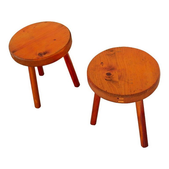 Image 1 of 2x fir wood stools in the style of the "Méribel" model by Charlotte Perriand, Italy, 1960s