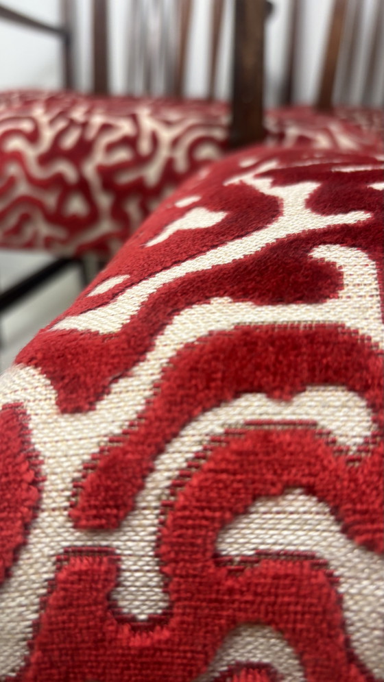6 sedie da pranzo vintage Gordon Russell in legno con seduta stampata W.H. Curly Coral. – Velvet, Wood (photo 10 of 15)