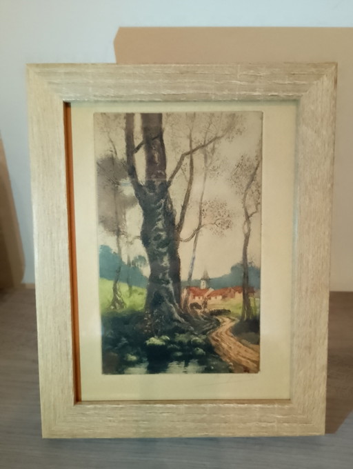 Antiker Kupferstich von Henri Bourguille, Radierung des Waldes von Fontainebleau, 1910-1921