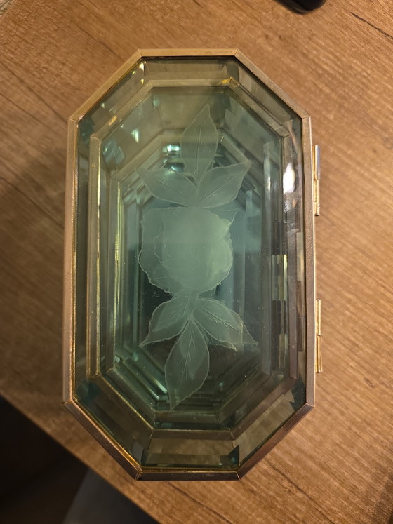 Vintage Glazen Sieradendoosjes Met Messing Randen En Een Geëtst Rozenmotief – Decoratieve objecten, Glass (photo 5 of 5)