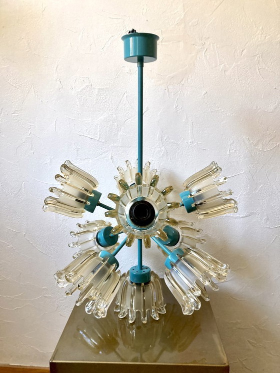 Image 1 of Large 9-light chandelier in molded glass and turquoise metal, Leclaire & Schäfer – 1960s