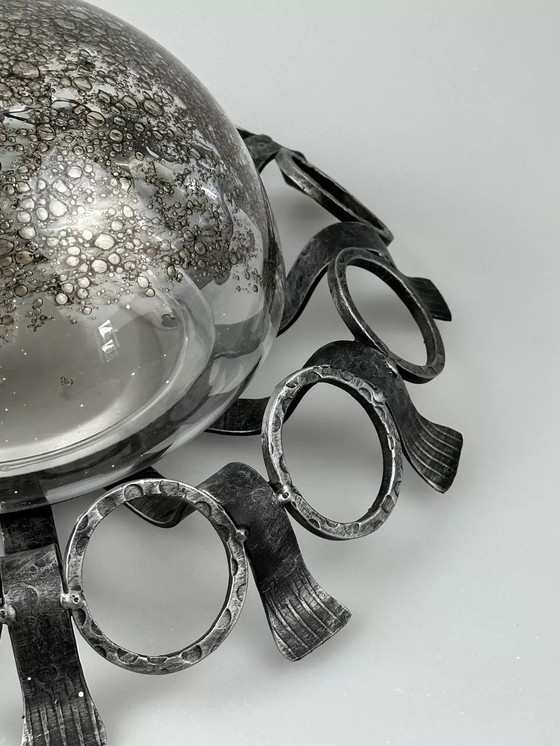 Image 1 of 60s 70s Brutalistische wandlamp of plafondlamp van ijzer & glas design