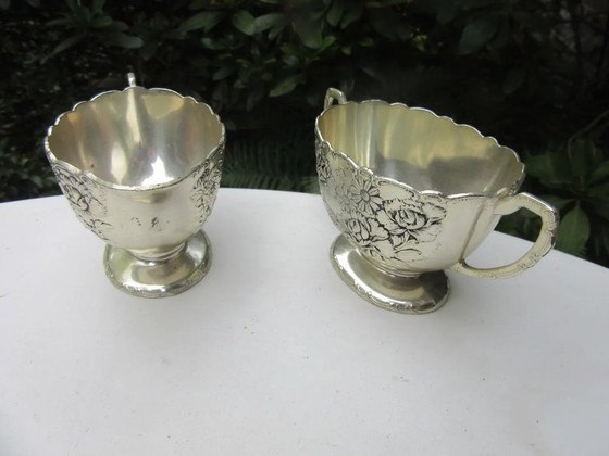 Image 1 of Silver plated Set of milk jug / creamer & sugar bowl, signed TK, vintage