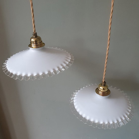 Set Vintage Pendant lamps Opaline glass - Transparent Decorative Edge – Metal (photo 5 of 24)