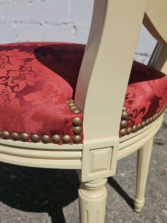 Image 1 of Set van 4 antieke Franse damaststoelen met medaillonmotief - gestoffeerde Louis XVI-stoelen - jaren 1900