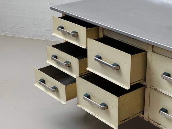 Image 1 of Industriële dressoir met roestvrijstalen blad, authentiek studio meubilair uit de jaren 50