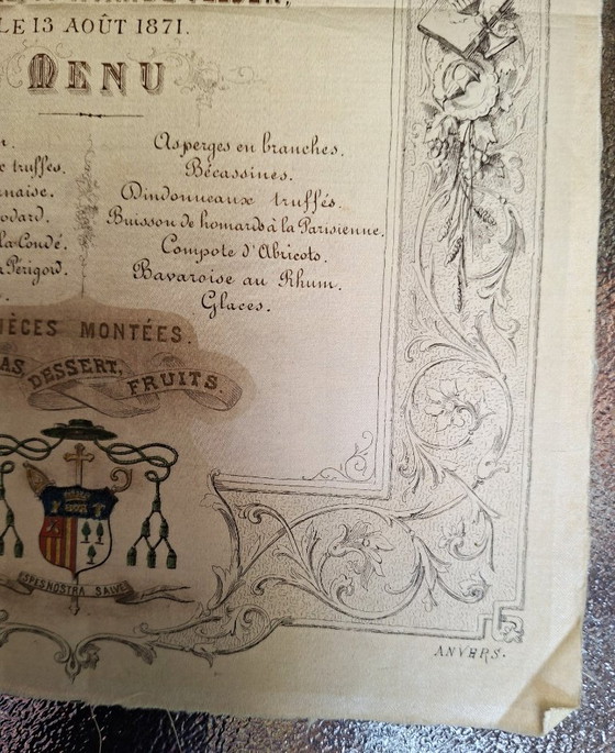 Image 1 of Rare 1871 Silk Menu Antwerp Belgium – Monseigneur Anthonis Jubilee Banquet
