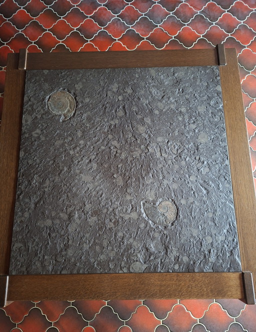 1970s Brutalist Coffee Table With 2 Real Ammonite Fossils – Solid Oak – salontafels, Stone, Wood (photo 2 of 5)