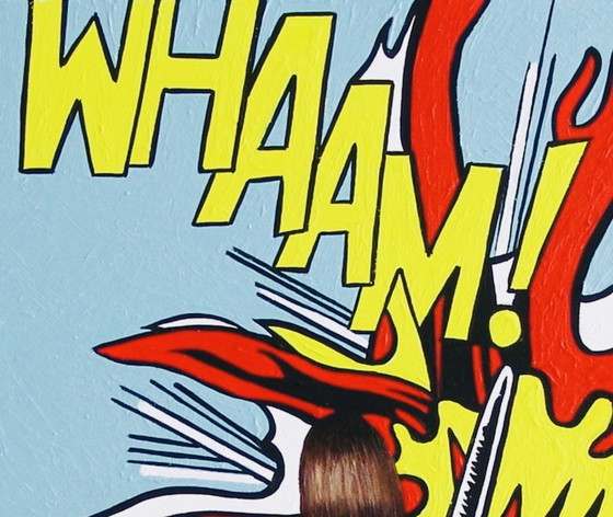 Image 1 of Gerard Boersma : Whaam ! (tableau représentant une femme admirant un tableau de Roy Lichtenstein). Pièce unique, encadrée, avec 