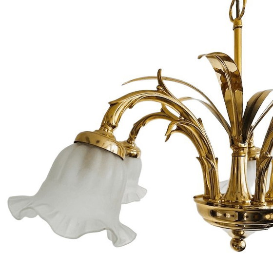 Image 1 of Lampadario vintage in ottone a sei bracci, metà secolo, con foglie di palma, Hollywood Regency, anni '70