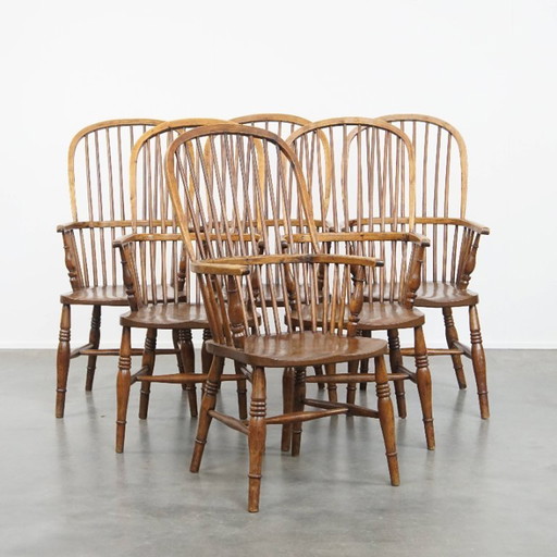  6 x Antique 19th century English Windsor stickback chair made of elm wood